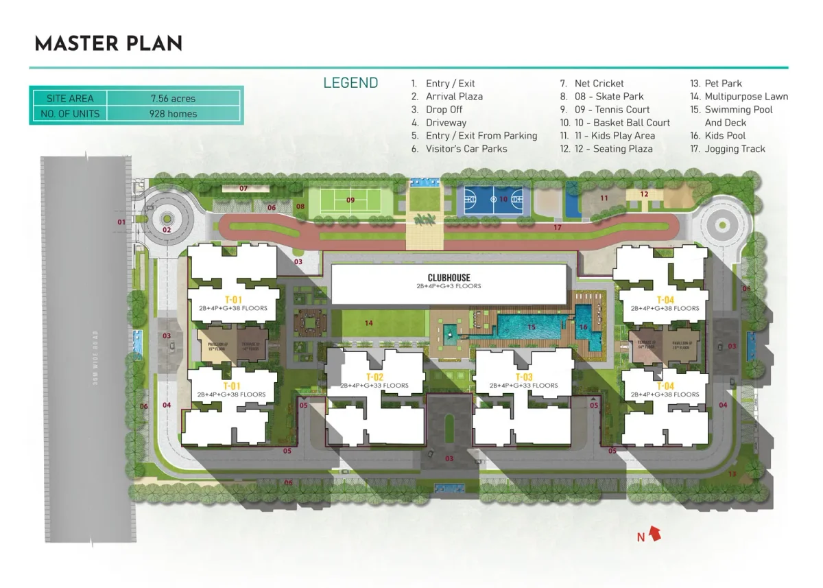 Prestige Clairemont master plan showing the four towers and landscaped grounds