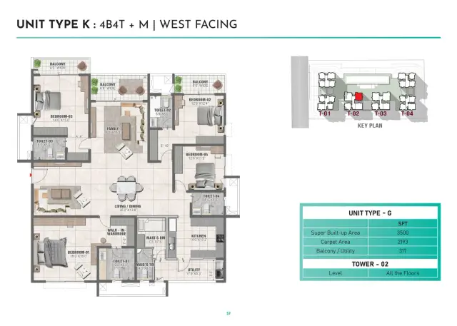 Type K 4 BHK with maid's room floor plan, blurred preview