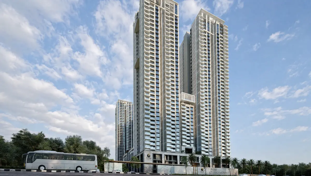 The four residential towers of Prestige Clairemont seen from a low angle